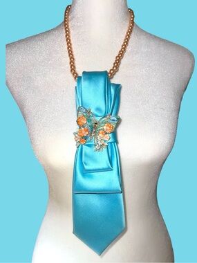 Handcrafted Turquoise Satin necktie Necklace with Floral Butterfly Brooch